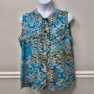 Milano Floral Sleeveless Tie-Neck Top BlouseSize 2X Blue and Green Career Travel
